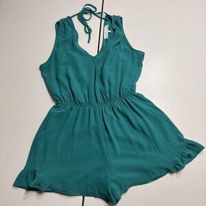 Astr The Label XS Teal Romper V Neck Tie Back